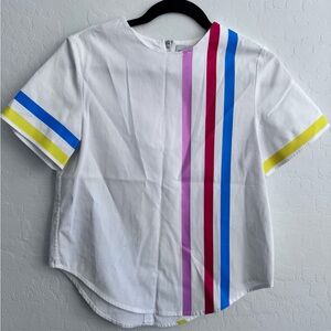 Mira Mikati white rainbow striped shirt with cute rainbow zipper- size 4